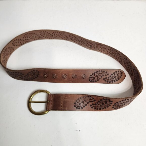 Lucky Brand Sun Flower Floral Leather Belt Lazer Cut Brown Large - Picture 1 of 9